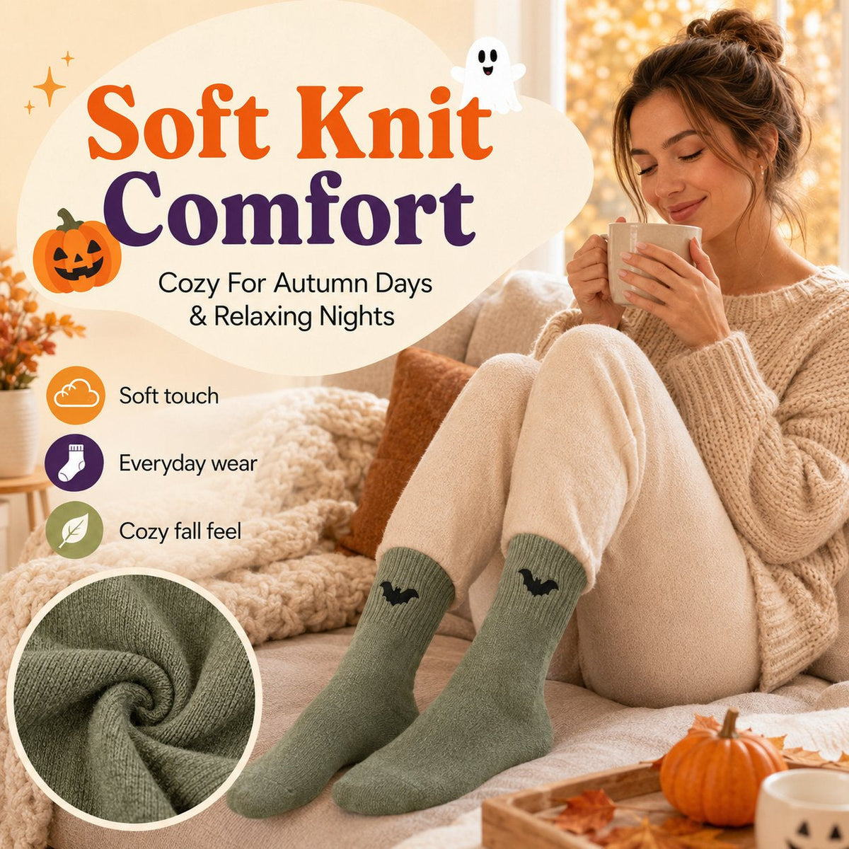 🎃 Spooky Halloween Embroidered Crew Socks – Cute Ghost, Pumpkin & Witch Design