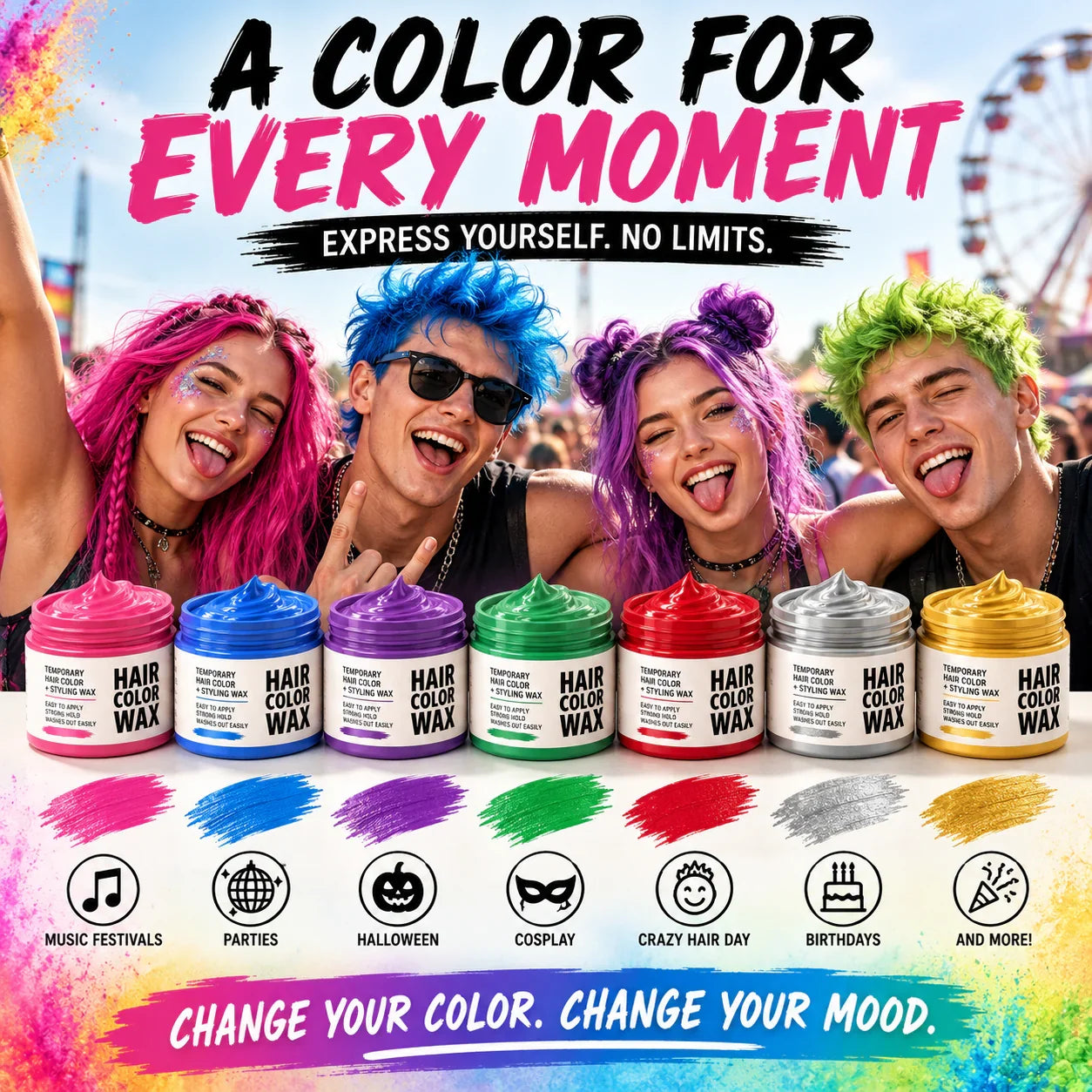 Festival & Party Ready! Instant Hair Color Wax — Temporary Washable Styling Mud 🎪✨