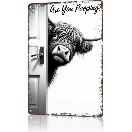 🐮 Vintage Highland Cow Metal Sign – Rustic Farmhouse Wall Decor for Home, Barn & Country Living – Funny "Are You Pooping?" Wall Decor