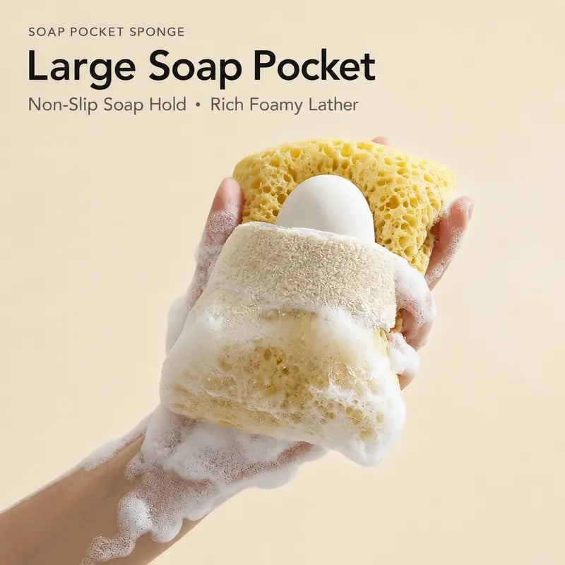 🧽 2-Pack Soft Bath Sponge with Soap Pocket | Quick Foaming Shower Scrub Sponge for Smooth Skin & Daily Body Cleaning ✨