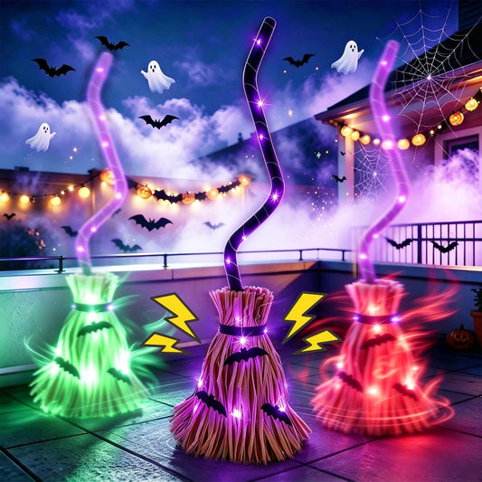 Glintoper Halloween Decoration Witches Broom, Animated Moving Broomsticks Halloween Decor with Spooky Sounds for Indoor & Outdoor Festival Gifts for Home Office Haunted House Party