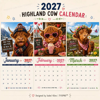 2027 Funny Highland Cow Wall Calendar | A4 Hanging Calendar
