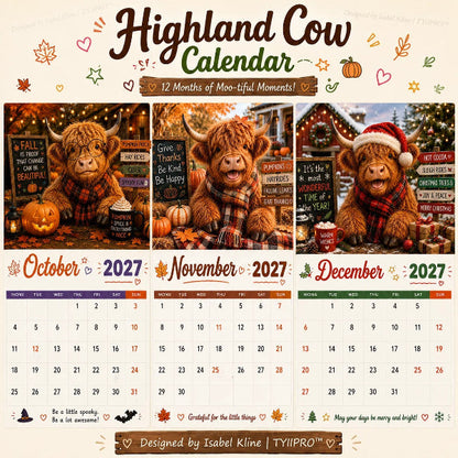 2027 Funny Highland Cow Wall Calendar | A4 Hanging Calendar