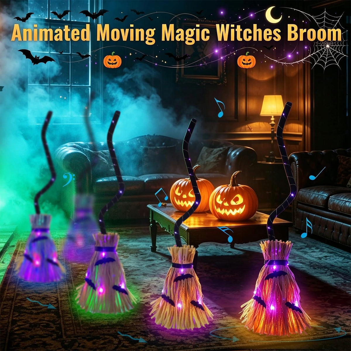 Glintoper Halloween Decoration Witches Broom, Animated Moving Broomsticks Halloween Decor with Spooky Sounds for Indoor & Outdoor Festival Gifts for Home Office Haunted House Party