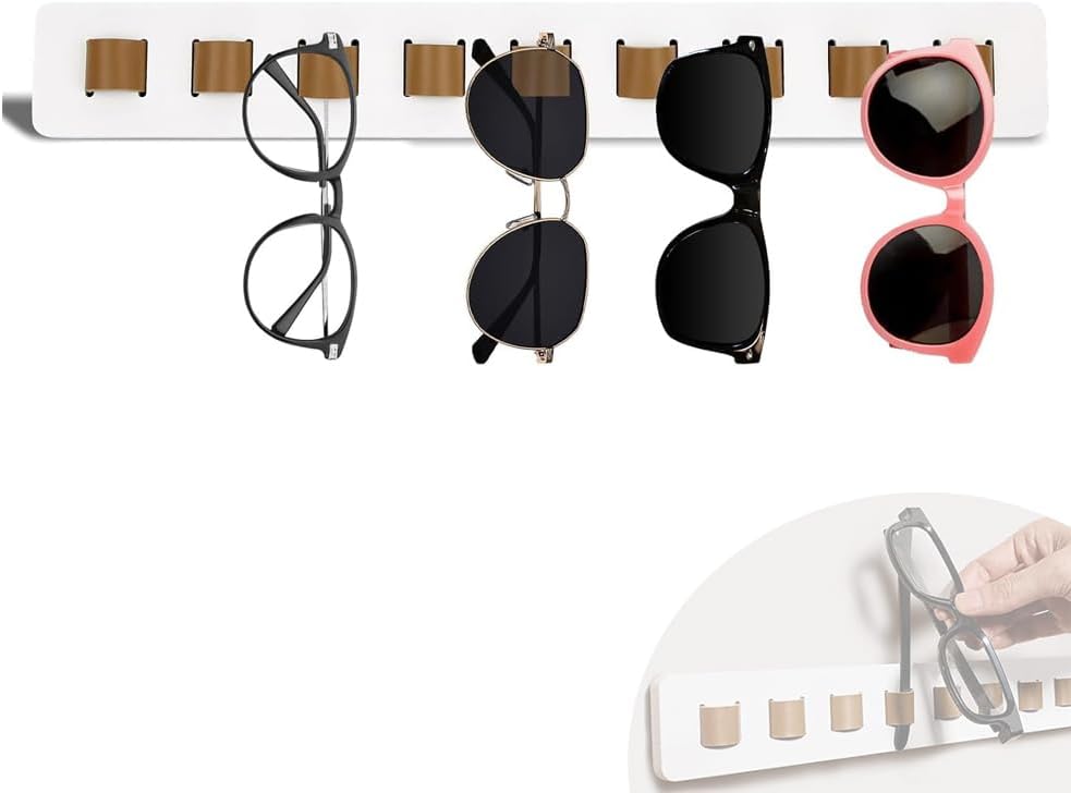 Sunglasses Organizer Wood Wall Mounted Sunglass Rack Adhesive Eyeglasses Holder Stand Eyewear Hanging Display Rack Glasses Holder for Entryway Living Room Bedroom Home Decor (Wood - White)