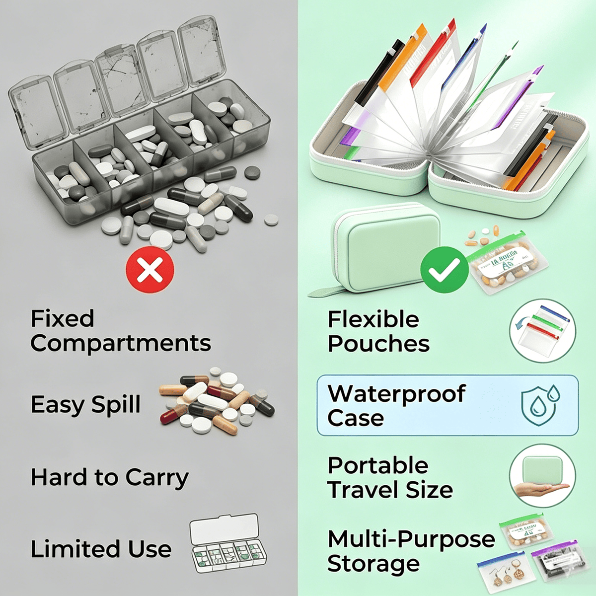 💊Limited Time Offer ! A8 Waterproof 14 Color-Coded Pill Pouches Organizer – Portable Binder-Style Weekly Travel Medicine Storage Case for Pills, Vitamins & Supplements