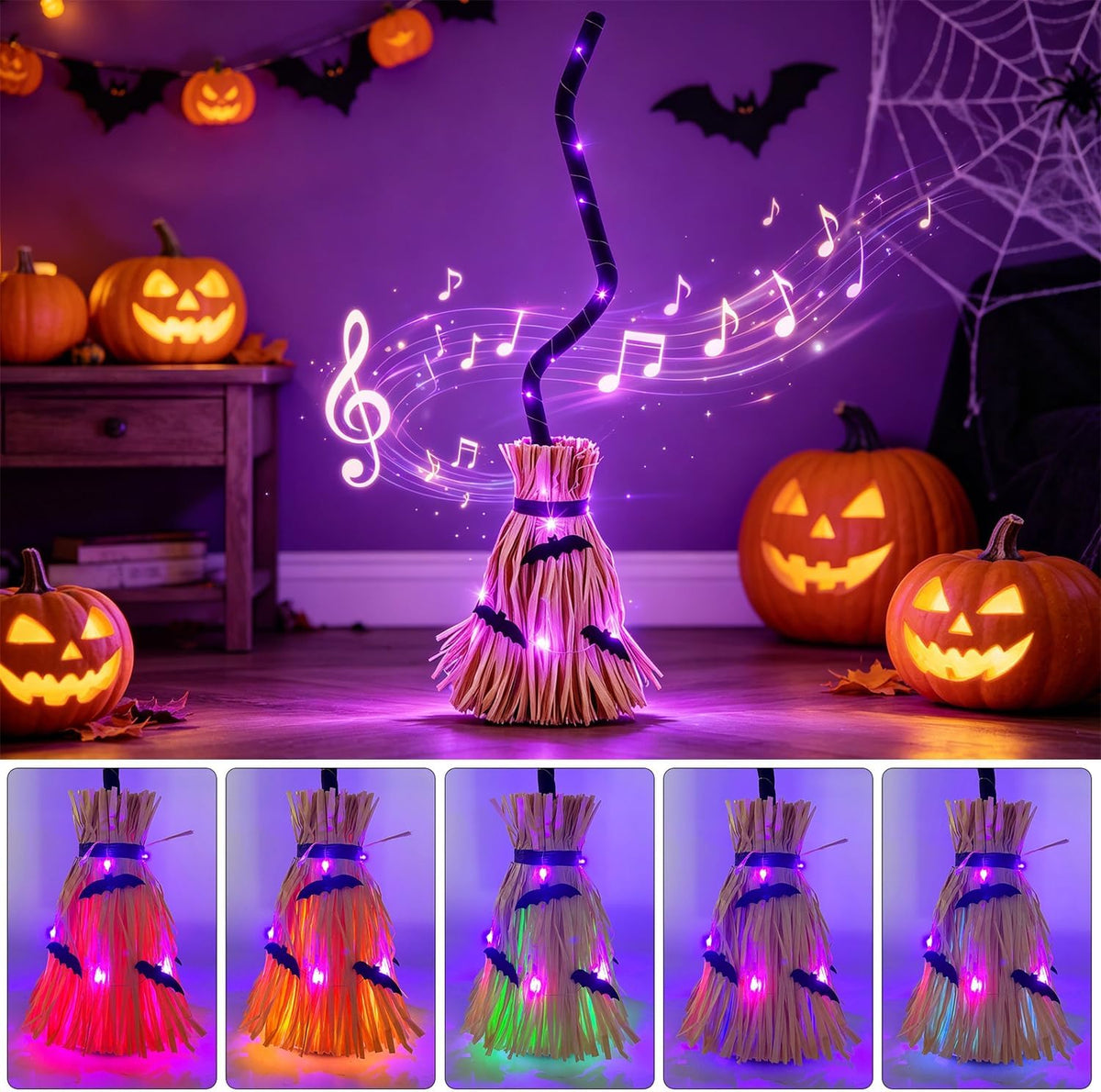Glintoper Halloween Decoration Witches Broom, Animated Moving Broomsticks Halloween Decor with Spooky Sounds for Indoor & Outdoor Festival Gifts for Home Office Haunted House Party