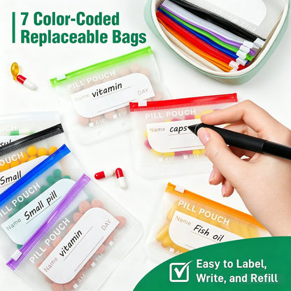 💊Limited Time Offer ! A8 Waterproof 14 Color-Coded Pill Pouches Organizer – Portable Binder-Style Weekly Travel Medicine Storage Case for Pills, Vitamins & Supplements