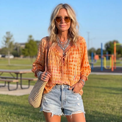 Women 3/4 Sleeve V-Neck Polka Dot Lace Up Blouse