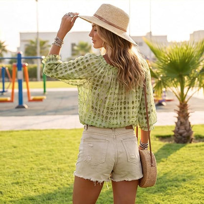 Women 3/4 Sleeve V-Neck Polka Dot Lace Up Blouse
