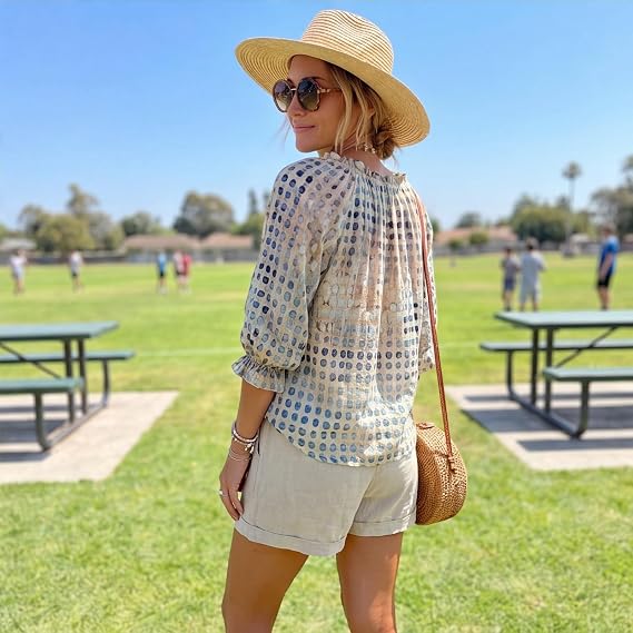 Women 3/4 Sleeve V-Neck Polka Dot Lace Up Blouse