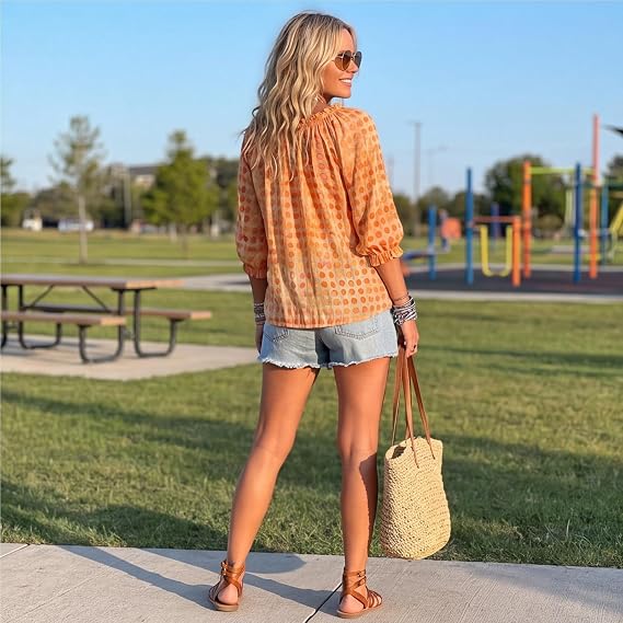 Women 3/4 Sleeve V-Neck Polka Dot Lace Up Blouse