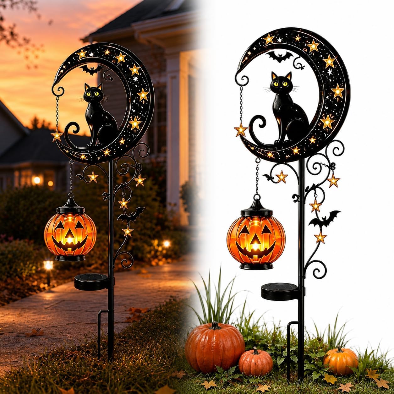 Halloween Black Cat & Pumpkin Moon Garden Stake Light,Hanging Waterproof Outdoor Solar Garden Decoration with Black Cat, Lights for Patio, Yard, Lawn, Pathway (Black Cat B, Push Button)