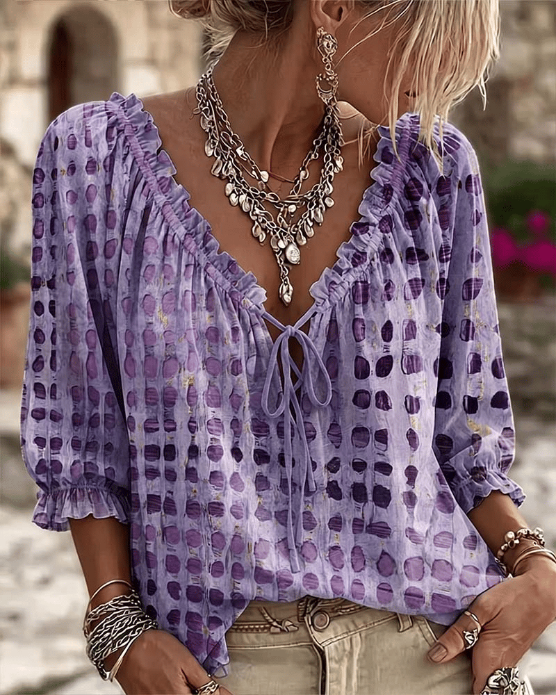 Women 3/4 Sleeve V-Neck Polka Dot Lace Up Blouse