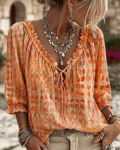 Women 3/4 Sleeve V-Neck Polka Dot Lace Up Blouse
