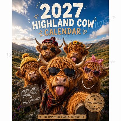 2027 Funny Highland Cow Wall Calendar | A4 Hanging Calendar