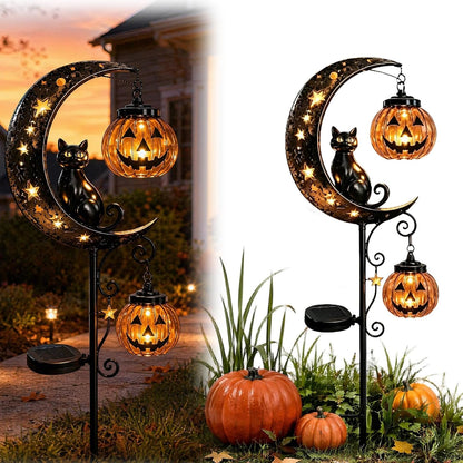Halloween Black Cat & Pumpkin Moon Garden Stake Light,Hanging Waterproof Outdoor Solar Garden Decoration with Black Cat, Lights for Patio, Yard, Lawn, Pathway (Black Cat B, Push Button)