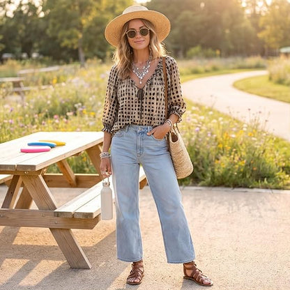 Women 3/4 Sleeve V-Neck Polka Dot Lace Up Blouse