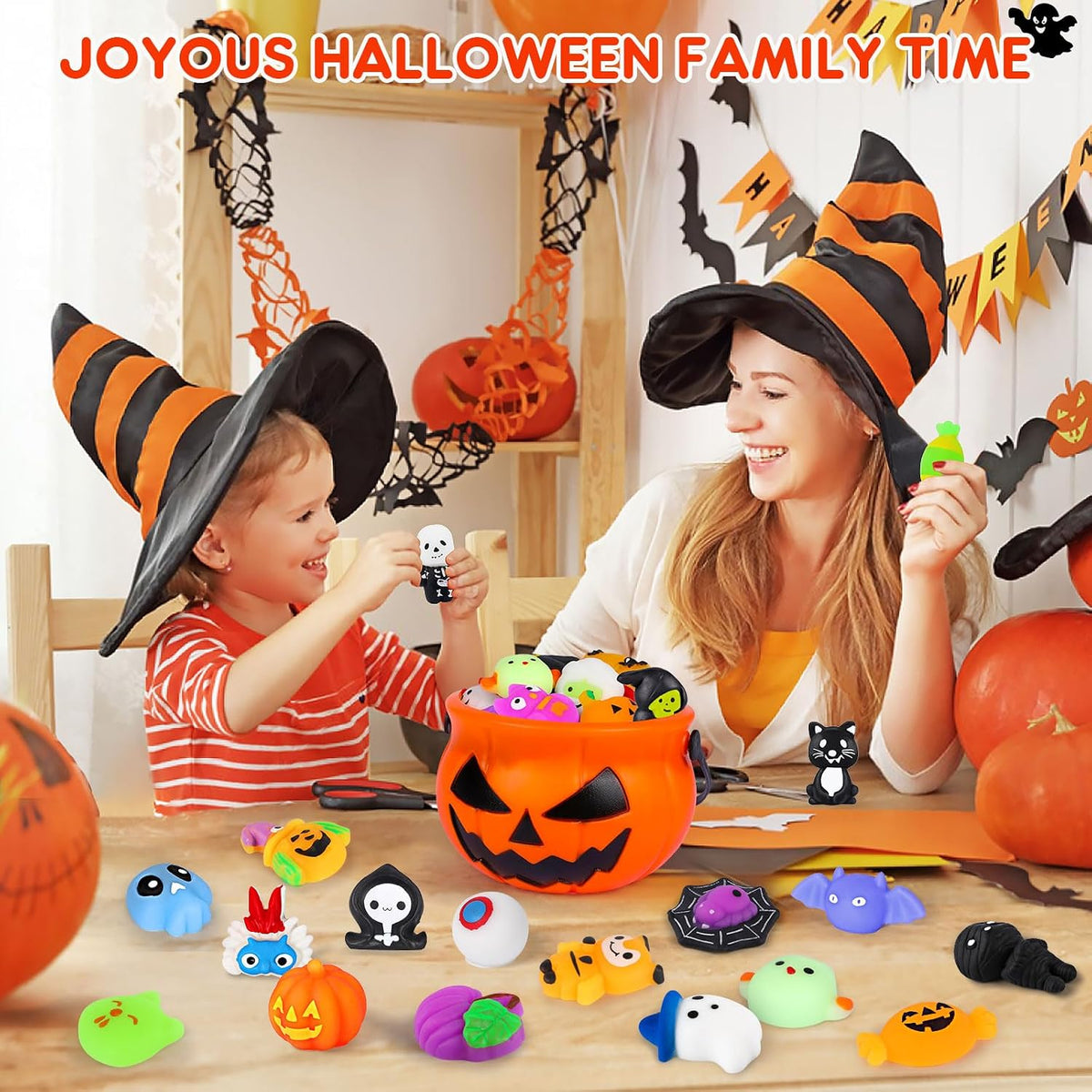 50PCS Halloween Mochi Squishy Toys with Halloween Pumpkin Bucket Halloween Party Favors Trick or Treat Goodie Bag Filler Halloween Decorations Kawaii Squishy Halloween Toys Gifts for Boy Girl Random