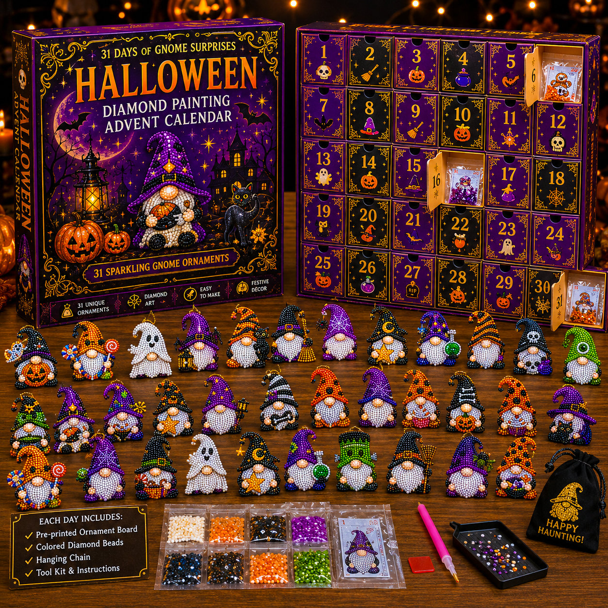 👻 Countdown to Halloween Magic! 🎃✨ 31-Day Gnome Diamond Art Advent Calendar – Create a New Sparkling Surprise Every Day! 💎