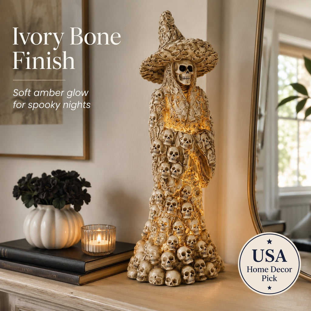 🎃 Spooky Skull Witch Lantern Statue – Halloween Gothic Resin Figurine with LED Light, Creepy Tabletop Decor & Indoor Ornament 💀