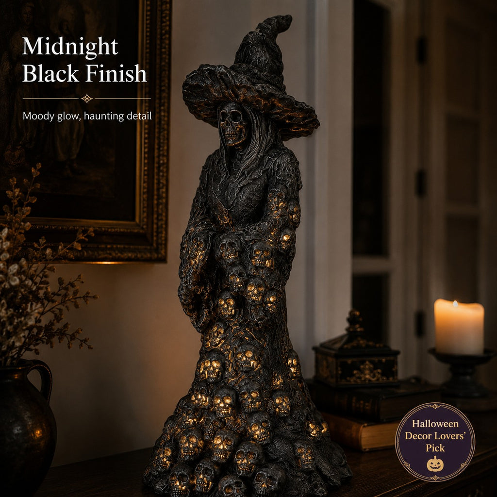 🎃 Spooky Skull Witch Lantern Statue – Halloween Gothic Resin Figurine with LED Light, Creepy Tabletop Decor & Indoor Ornament 💀