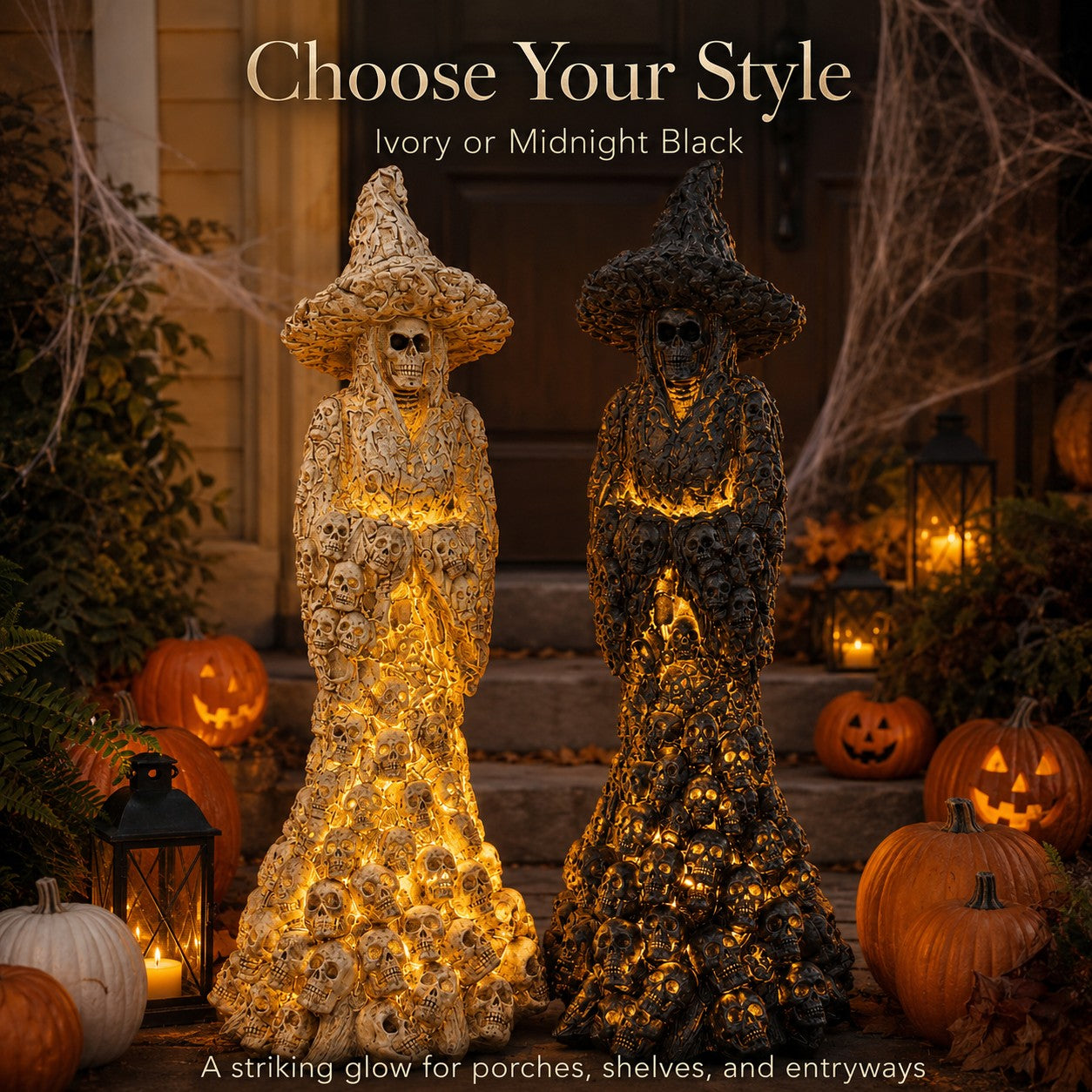 🎃 Spooky Skull Witch Lantern Statue – Halloween Gothic Resin Figurine with LED Light, Creepy Tabletop Decor & Indoor Ornament 💀