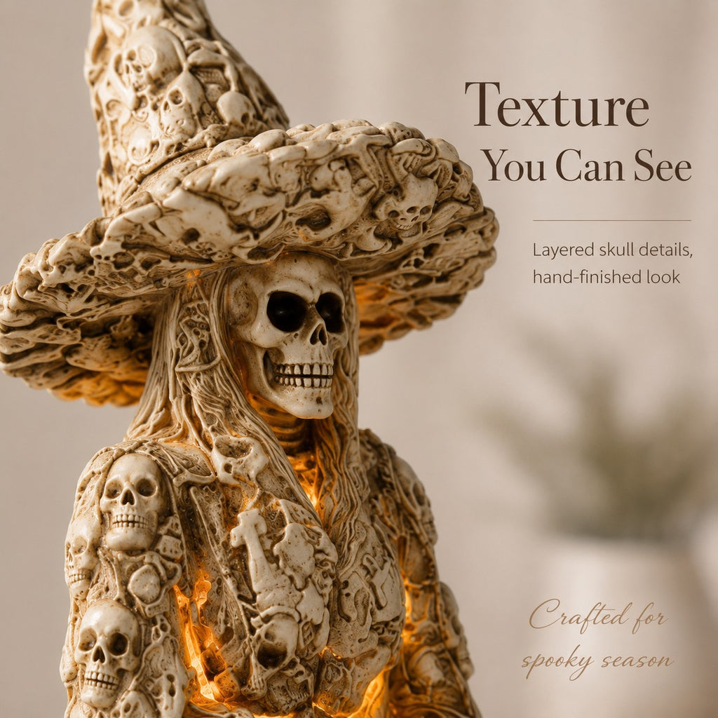 🎃 Spooky Skull Witch Lantern Statue – Halloween Gothic Resin Figurine with LED Light, Creepy Tabletop Decor & Indoor Ornament 💀
