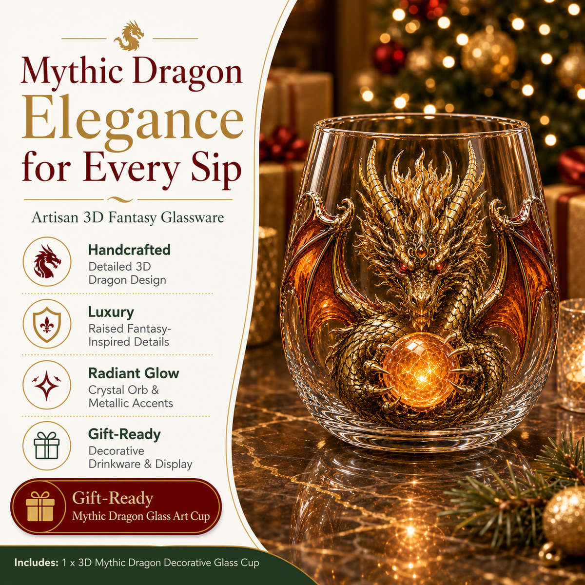 🐉✨ 3D Dragon GlassArt Cup I Luxury Raised FantasyGlassware for Whiskey, HomeBar Decor & Legendary Gifts 🎁