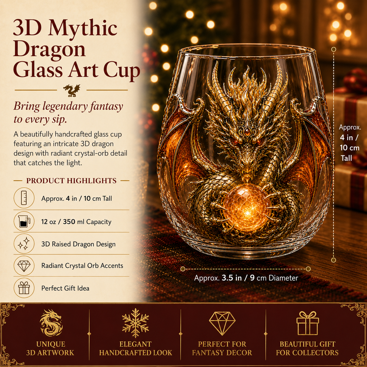 🐉✨ 3D Dragon GlassArt Cup I Luxury Raised FantasyGlassware for Whiskey, HomeBar Decor & Legendary Gifts 🎁