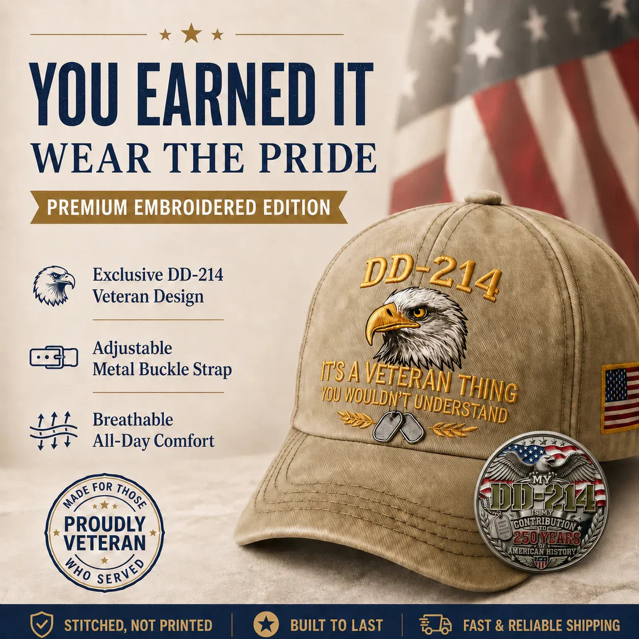 DD-214 Veteran 3D Embroidered Cap - “IT'S A VETERAN THING YOU WOULDN'T UNDERSTAND”🎁 Free Honor Coin With Every Cap Purchase