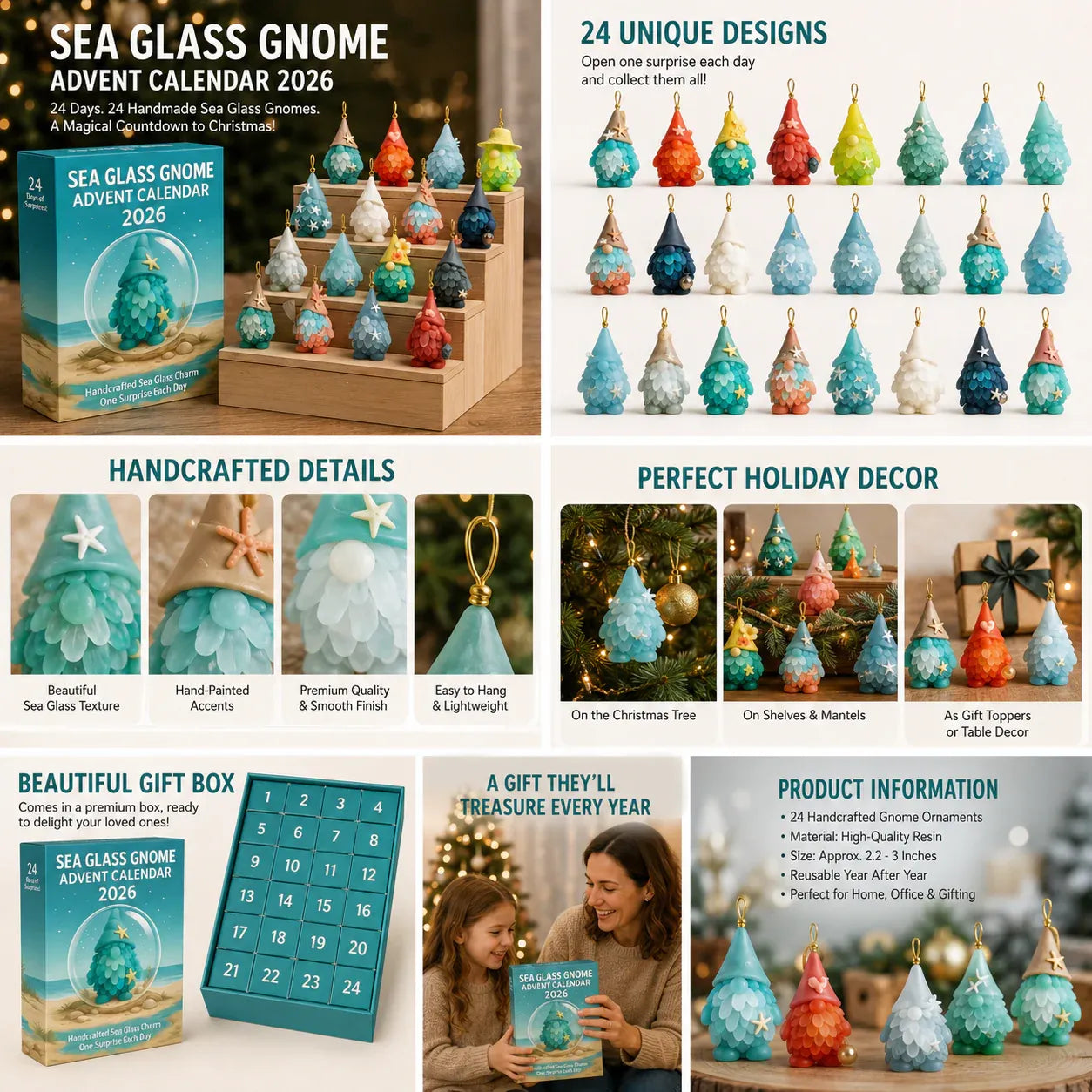 🌊🧝‍♂️ Sea Glass Gnome Advent Calendar 2026 | 24 Coastal Gnome Charms for Christmas Countdown, Tree Decor & Holiday Gifts 🎄✨
