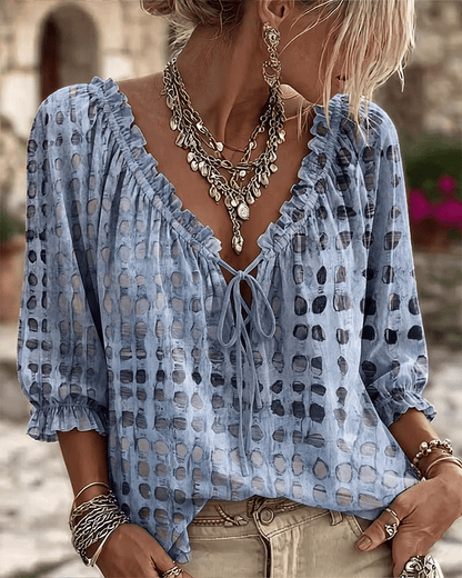 Women 3/4 Sleeve V-Neck Polka Dot Lace Up Blouse