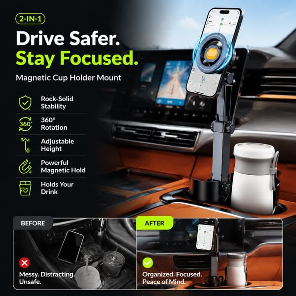 ⭐2026 New Arrival💥HOT SALE🥳🧲Car Cup Holder Phone Mount – 360° Adjustable, Strong N52 Magnet, One-Hand Operation, Fits All Phones, Stable Magnetic & Clamp Models for Safe Driving