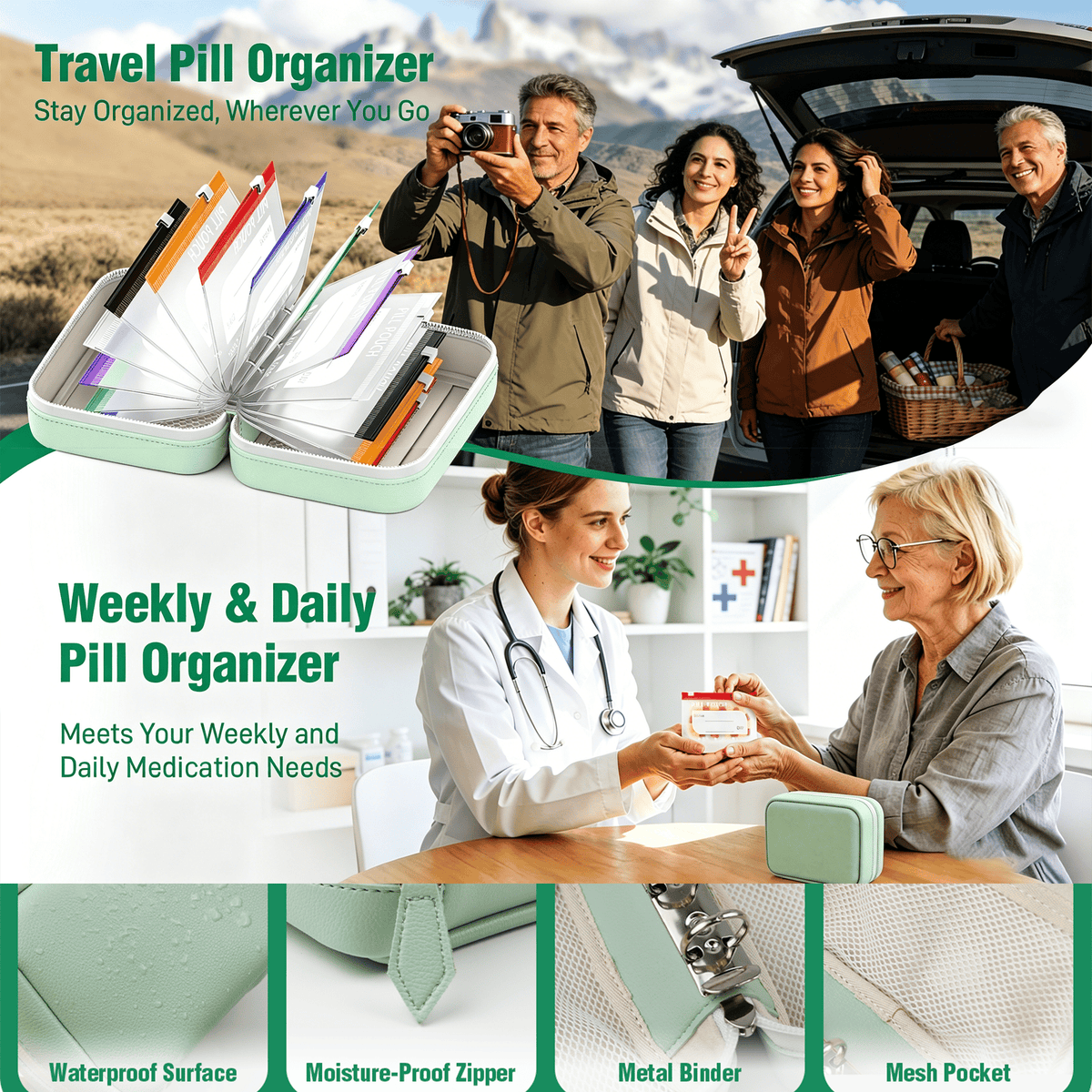 💊Limited Time Offer ! A8 Waterproof 14 Color-Coded Pill Pouches Organizer – Portable Binder-Style Weekly Travel Medicine Storage Case for Pills, Vitamins & Supplements