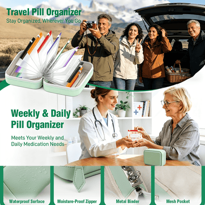 💊Limited Time Offer ! A8 Waterproof 14 Color-Coded Pill Pouches Organizer – Portable Binder-Style Weekly Travel Medicine Storage Case for Pills, Vitamins & Supplements