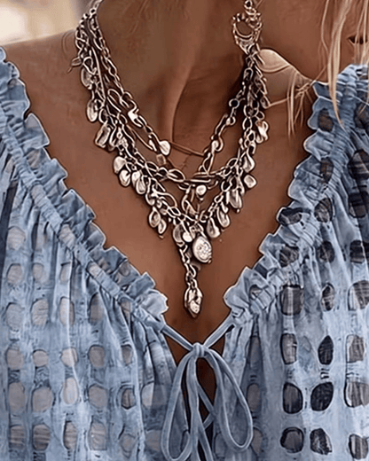 Women 3/4 Sleeve V-Neck Polka Dot Lace Up Blouse