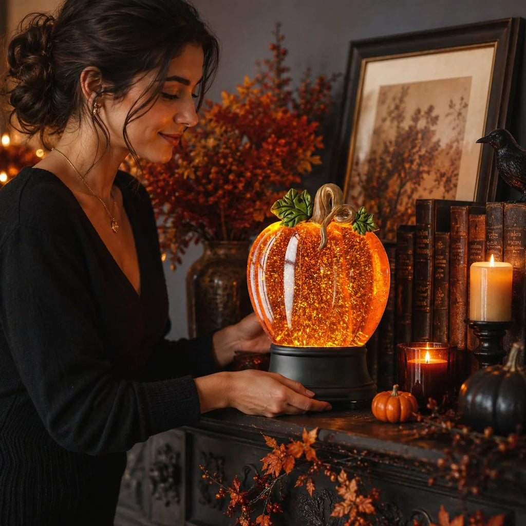 🎉Orange Fall Pumpkin Lighted Glitter Swirl Water Globe