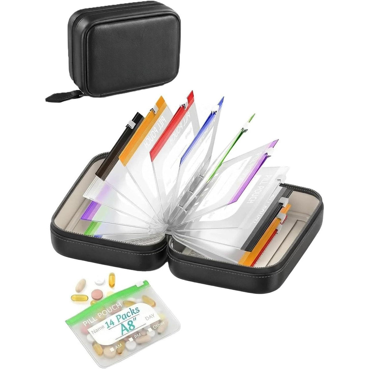 💊Limited Time Offer ! A8 Waterproof 14 Color-Coded Pill Pouches Organizer – Portable Binder-Style Weekly Travel Medicine Storage Case for Pills, Vitamins & Supplements
