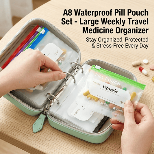 💊Limited Time Offer ! A8 Waterproof 14 Color-Coded Pill Pouches Organizer – Portable Binder-Style Weekly Travel Medicine Storage Case for Pills, Vitamins & Supplements