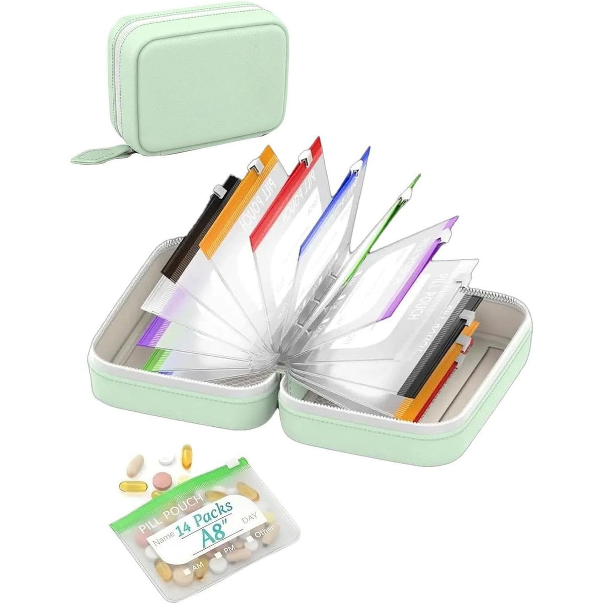 💊Limited Time Offer ! A8 Waterproof 14 Color-Coded Pill Pouches Organizer – Portable Binder-Style Weekly Travel Medicine Storage Case for Pills, Vitamins & Supplements