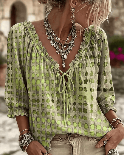 Women 3/4 Sleeve V-Neck Polka Dot Lace Up Blouse