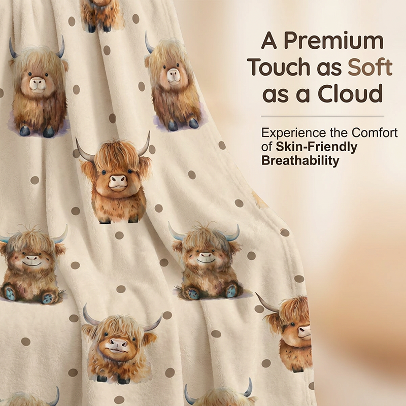 🐮🤎 Highland Cow Printed Throw Blanket – Ultra-Soft Flannel Blanket | Cozy Farmhouse Home Decor