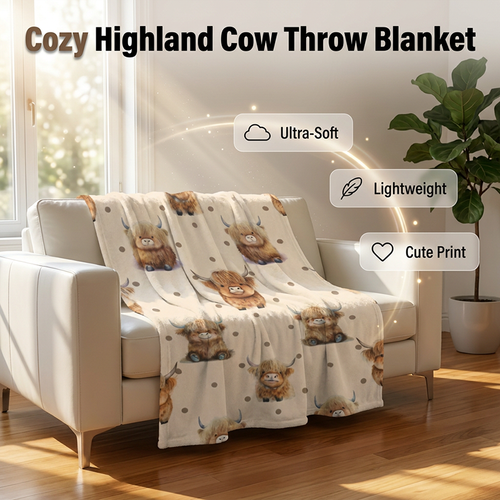 🐮🤎 Highland Cow Printed Throw Blanket – Ultra-Soft Flannel Blanket | Cozy Farmhouse Home Decor